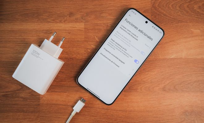Teléfono móvil Xiaomi 15T Pro con la pantalla encendida junto a su cargador de pared y cable USB sobre una superficie de madera.