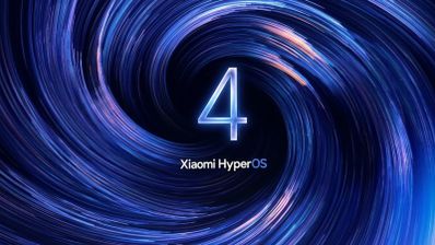Logotipo numérico 4 sobre fondo de espiral azul con el texto Xiaomi HyperOS.
