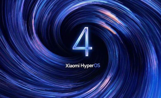 Logotipo numérico 4 sobre fondo de espiral azul con el texto Xiaomi HyperOS.