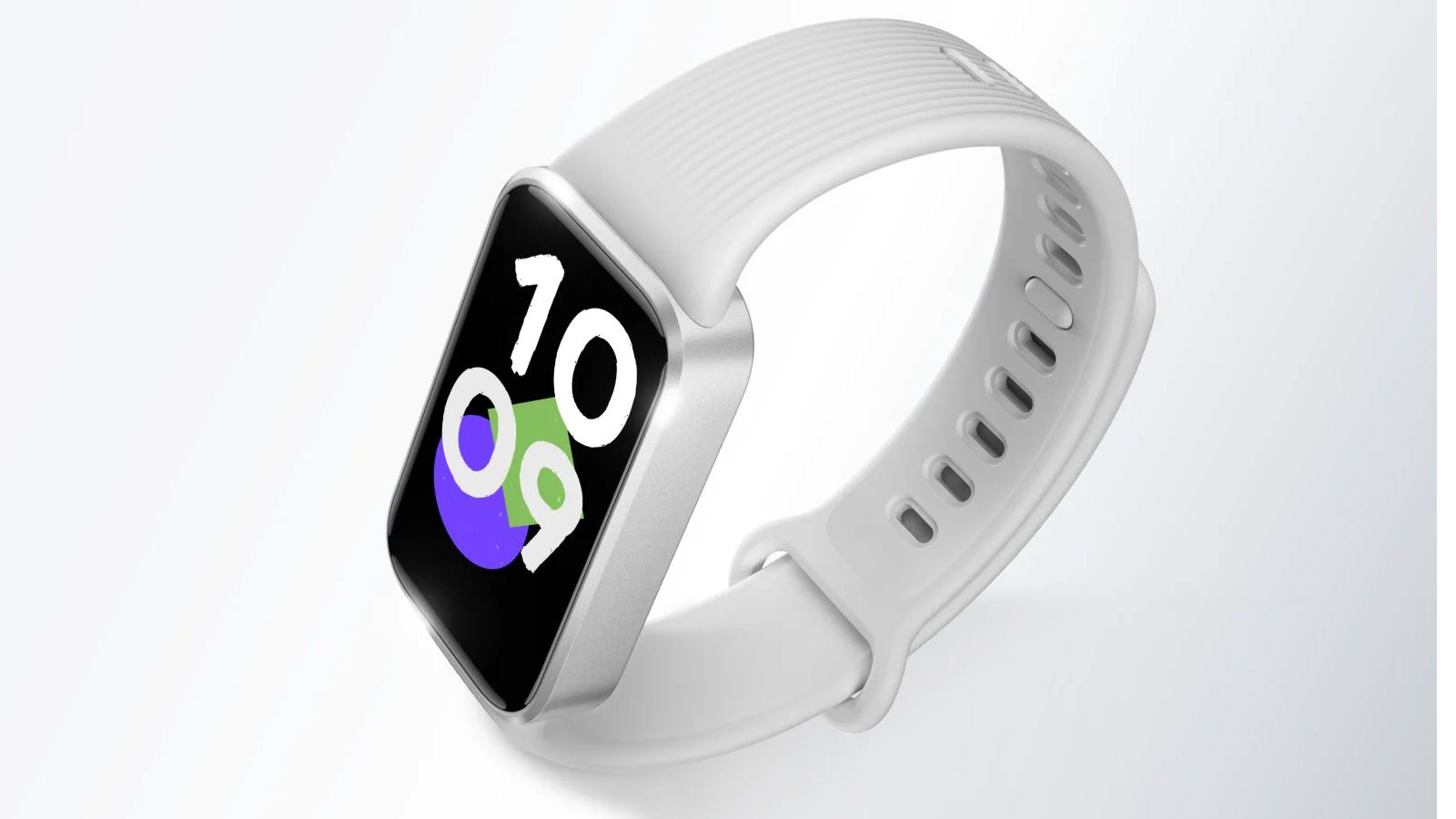 Perspectiva diagonal de la Xiaomi Smart Band 11 Active con correa blanca y pantalla rectangular encendida.