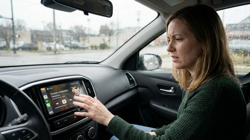 Mujer con expresión de confusión interactuando con la pantalla táctil de un coche que muestra la interfaz de reproducción de música.