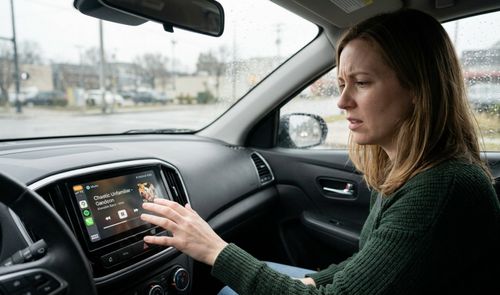 Mujer con expresión de confusión interactuando con la pantalla táctil de un coche que muestra la interfaz de reproducción de música.