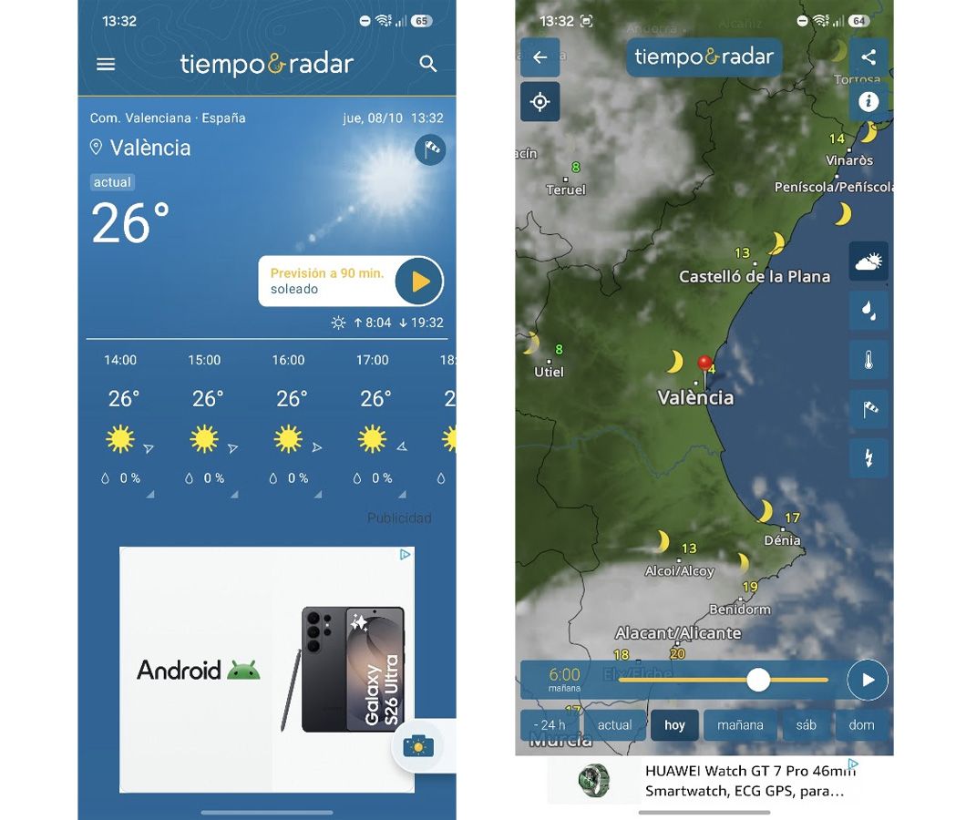 Interfaz de la aplicación Tiempo & Radar mostrando la previsión meteorológica en Valencia y un mapa de precipitaciones en la costa valenciana.