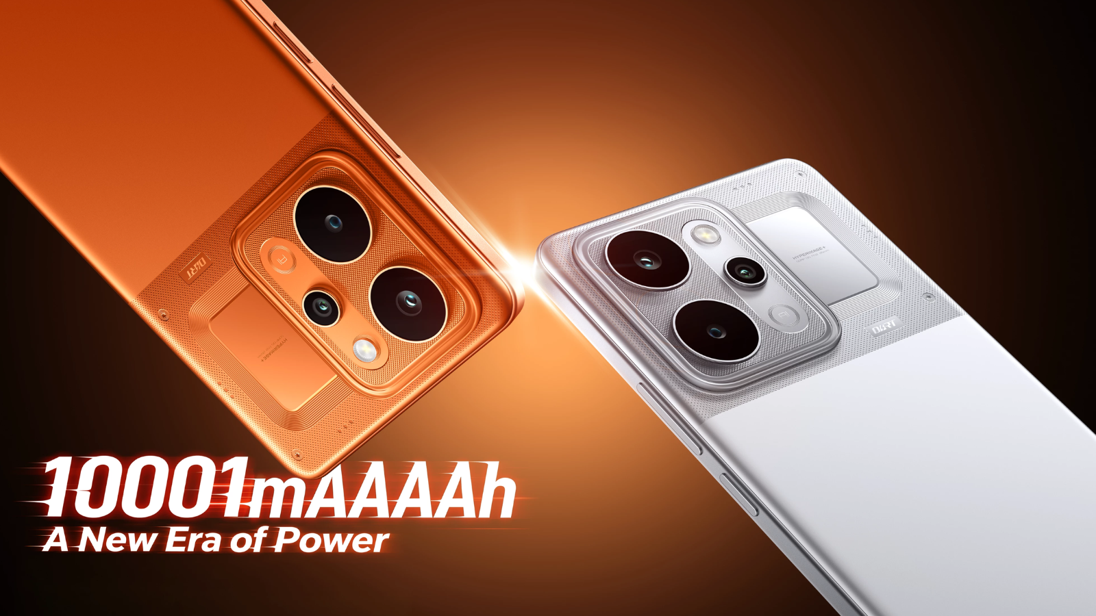 Parte trasera de dos teléfonos inteligentes realme P4 Power en colores naranja y blanco con enfoque en sus cámaras y el texto 10001mAAAAh.