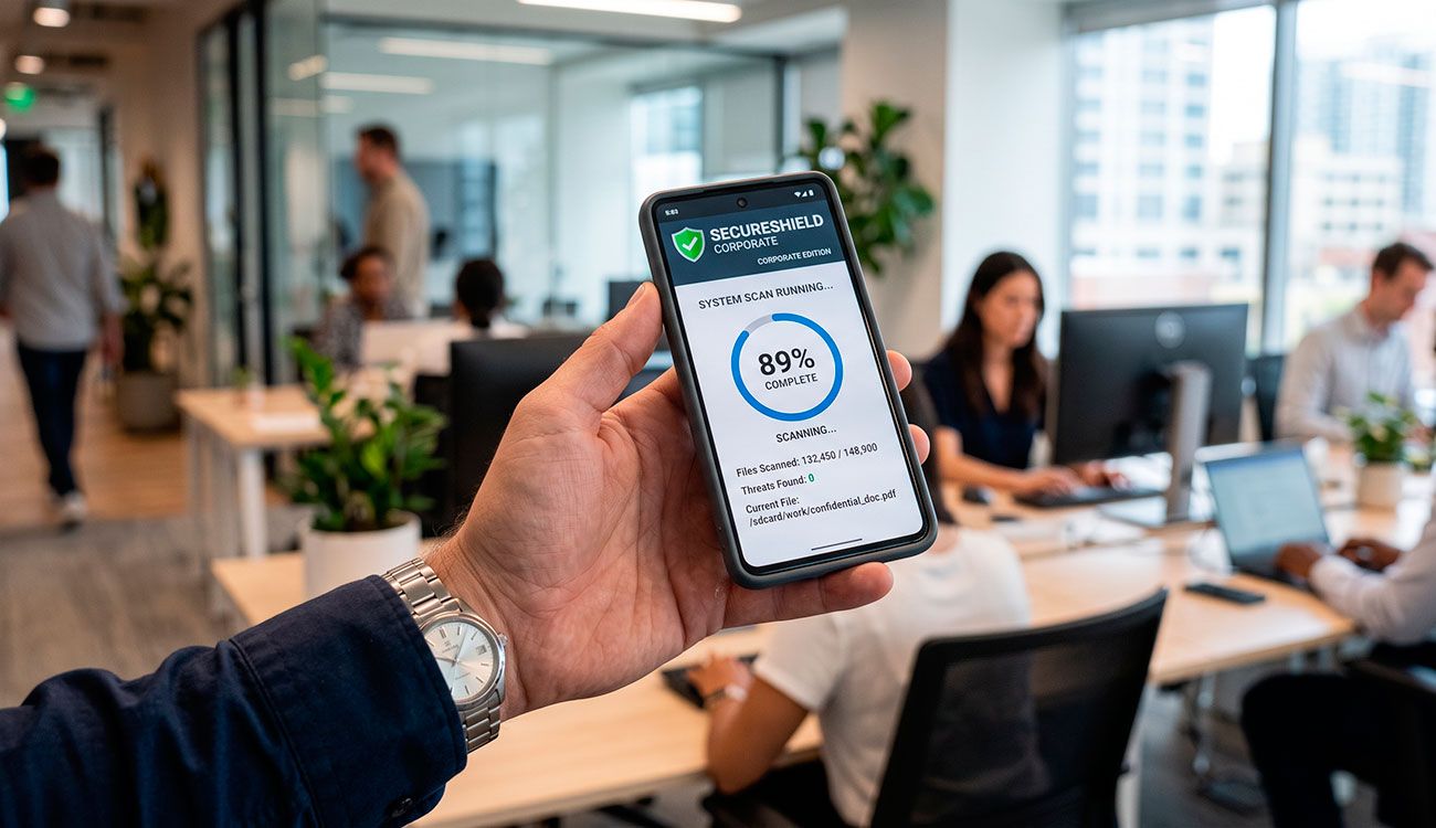 Un smartphone con una solución de ciberseguridad en un entorno corporativo / Imagen generada con IA