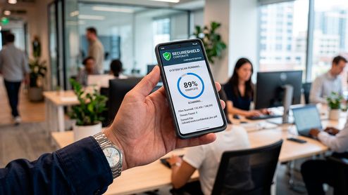 Un smartphone con una solución de ciberseguridad en un entorno corporativo / Imagen generada con IA