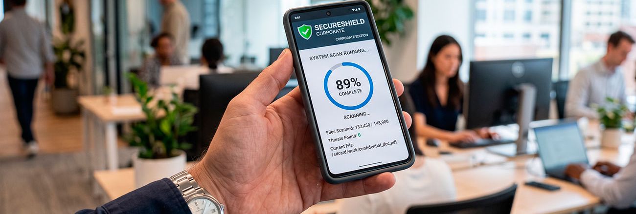 Un smartphone con una solución de ciberseguridad en un entorno corporativo / Imagen generada con IA