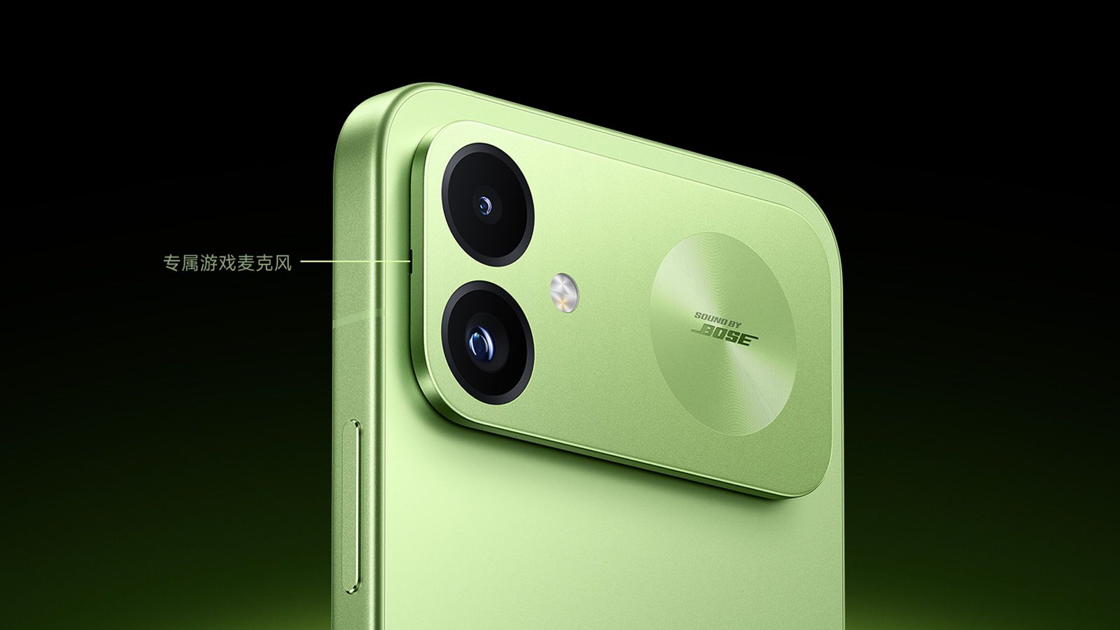 Detalle del módulo de cámaras traseras del Redmi-K100 en color verde con doble sensor y flash LED.