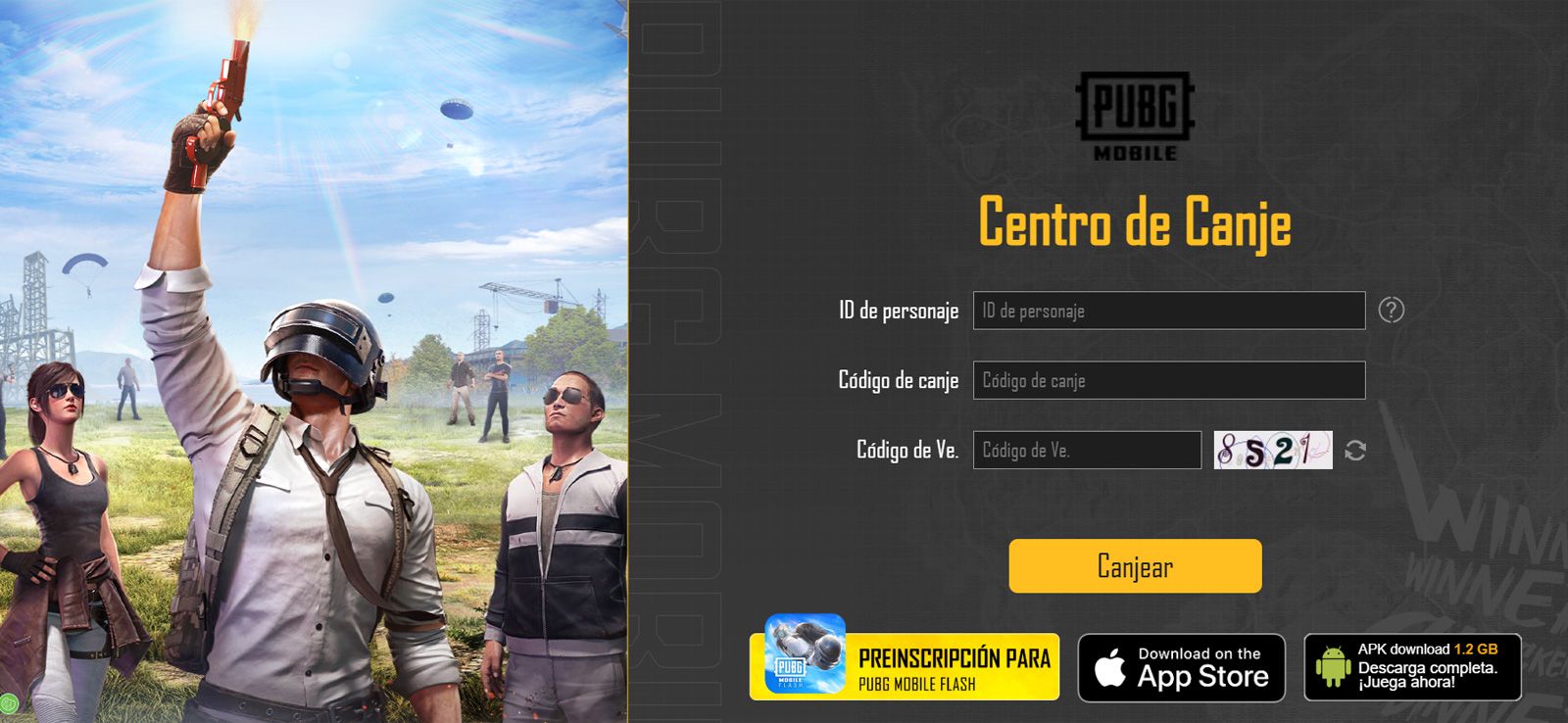 Interfaz del Centro de Canje de PUBG Mobile con formularios para ID de personaje y códigos.