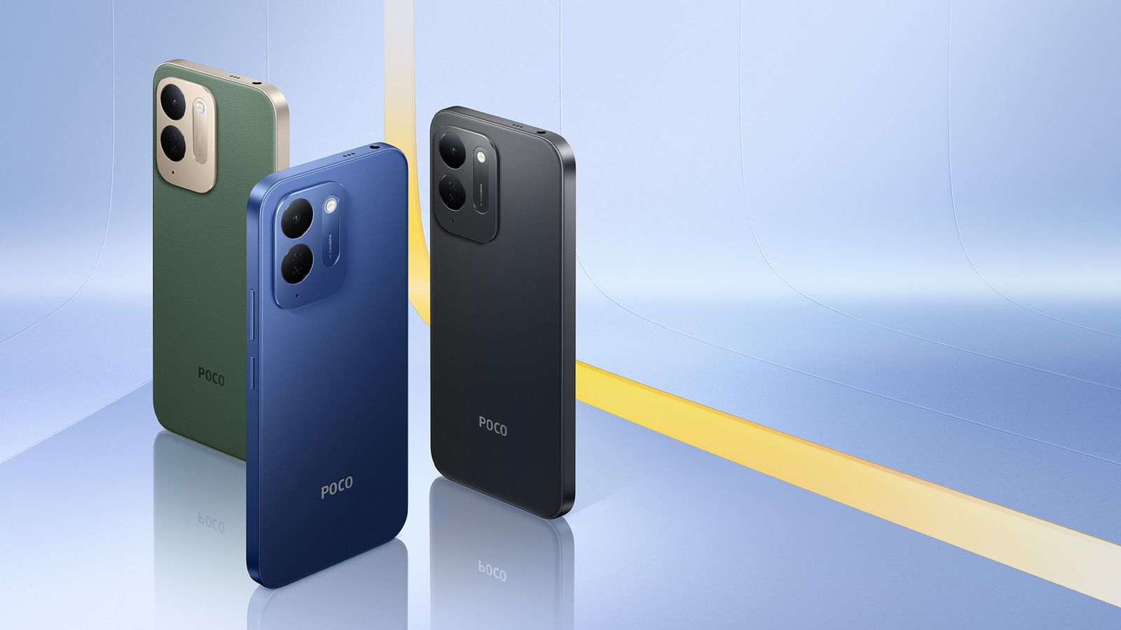 Tres smartphones POCO C95 Pro en colores verde, azul y negro vistos desde su parte trasera.