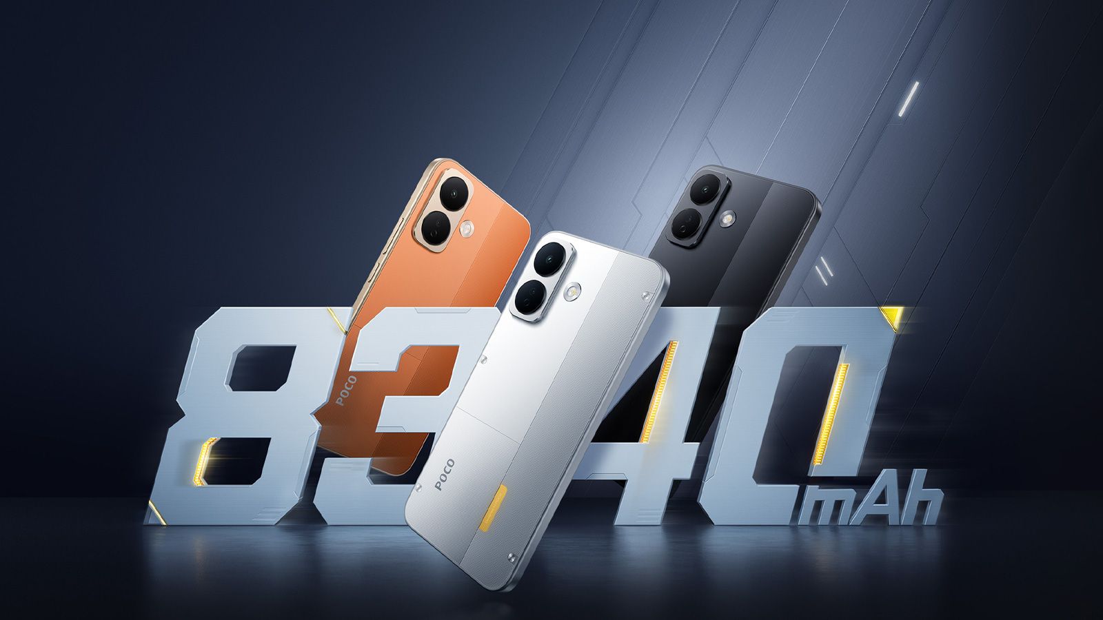 Tres teléfonos POCO X8 en colores naranja, blanco y negro junto a la cifra de batería 8240 mAh.