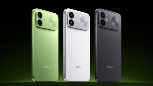 Tres teléfonos Redmi-K100 en color verde, blanco y gris oscuro alineados de perfil.