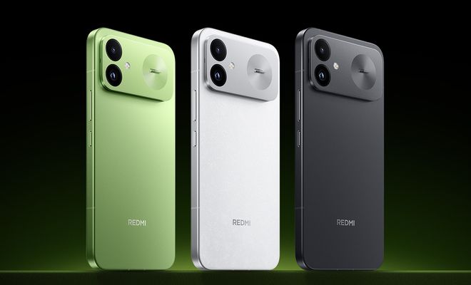 Tres teléfonos Redmi-K100 en color verde, blanco y gris oscuro alineados de perfil.