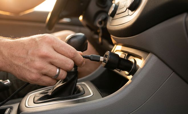 Primer plano de una mano conectando un cable USB a un adaptador de carga insertado en la toma de corriente de un coche.