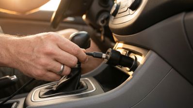 Primer plano de una mano conectando un cable USB a un adaptador de carga insertado en la toma de corriente de un coche.