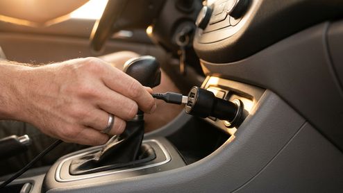 Primer plano de una mano conectando un cable USB a un adaptador de carga insertado en la toma de corriente de un coche.