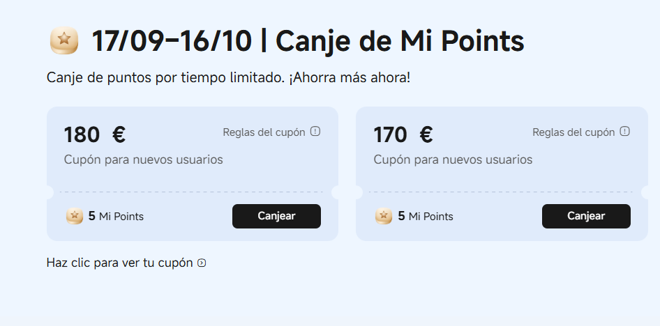Interfaz de canje de Mi Points para obtener cupones de descuento de 180 y 170 euros en productos Xiaomi.
