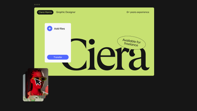 Interfaz de WeTransfer con el botón Add files y un cursor seleccionando una imagen para subir.