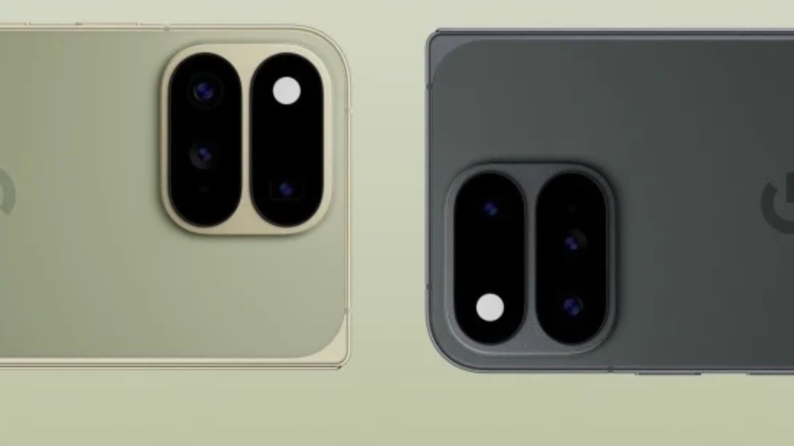 Primer plano de los módulos de cámaras traseras de dos Google Pixel 11 Pro Fold en colores verde y gris oscuro.