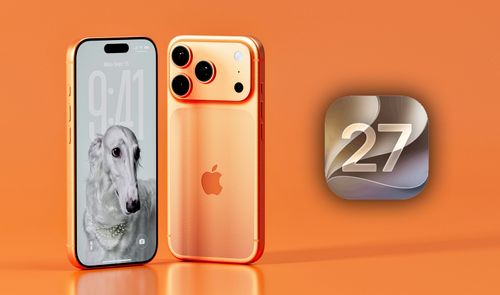 Parte delantera y trasera de un iPhone 17 Pro en color titanio dorado junto a un icono con el número 27.