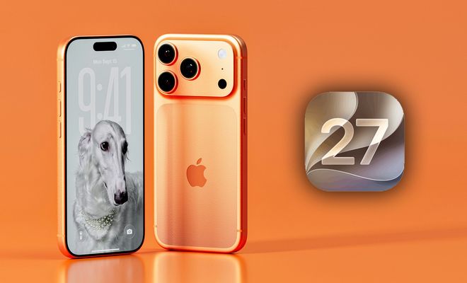 Parte delantera y trasera de un iPhone 17 Pro en color titanio dorado junto a un icono con el número 27.