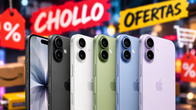 Varios modelos de iPhone 17 en colores negro, blanco, verde, azul y violeta con carteles de oferta y chollo.