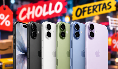Varios modelos de iPhone 17 en colores negro, blanco, verde, azul y violeta con carteles de oferta y chollo.