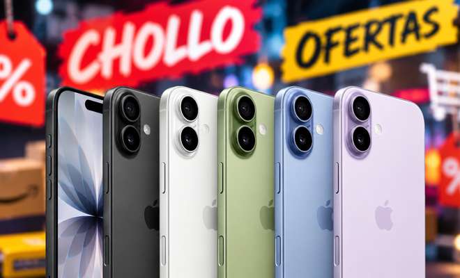 Varios modelos de iPhone 17 en colores negro, blanco, verde, azul y violeta con carteles de oferta y chollo.