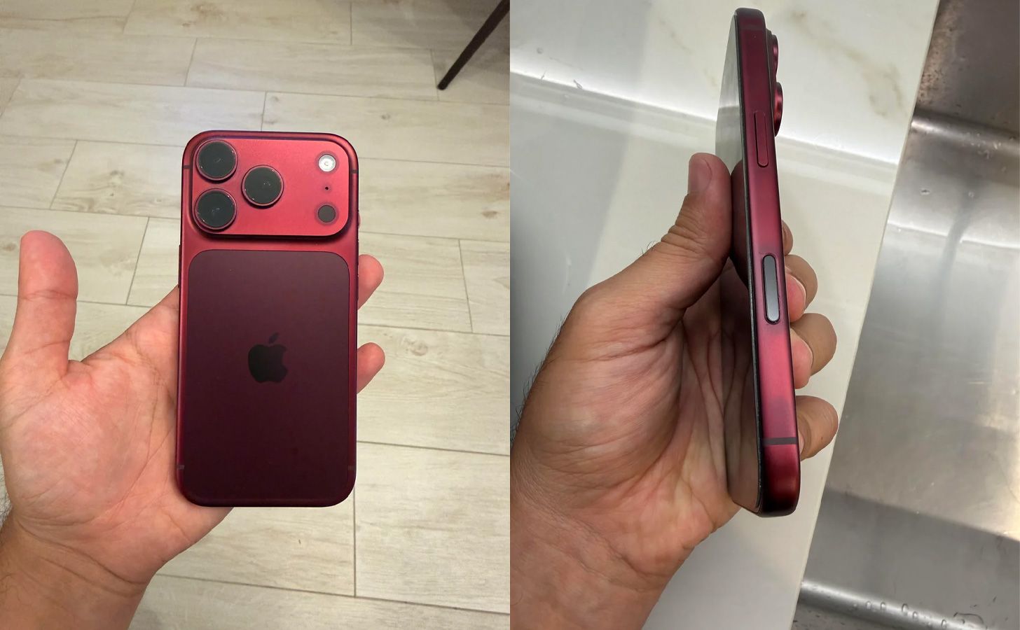 Vista trasera y lateral de un iPhone 18 Pro en color burdeos que muestra signos de decoloración en los bordes y el módulo de cámaras.