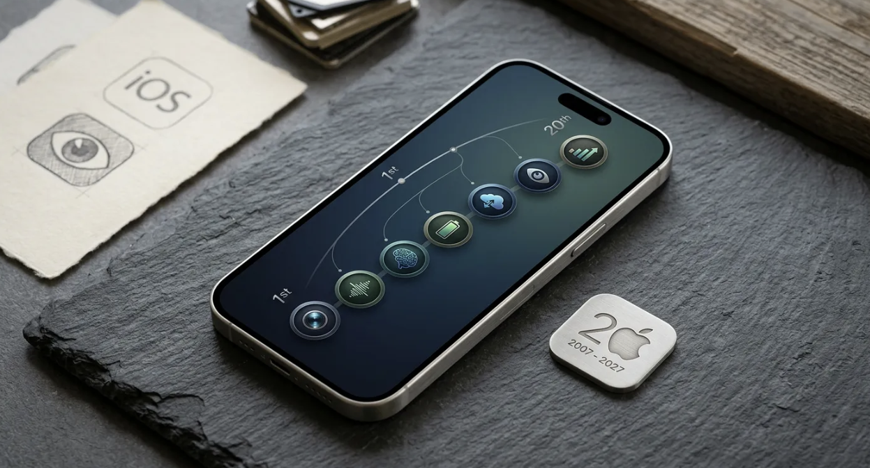 Concepto de iPhone del 20 aniversario con una interfaz de usuario personalizada y un pin conmemorativo sobre una superficie de piedra.