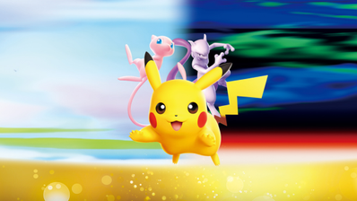 Pikachu, Mew y Mewtwo sobre un fondo dividido con tonos celestes y oscuros.