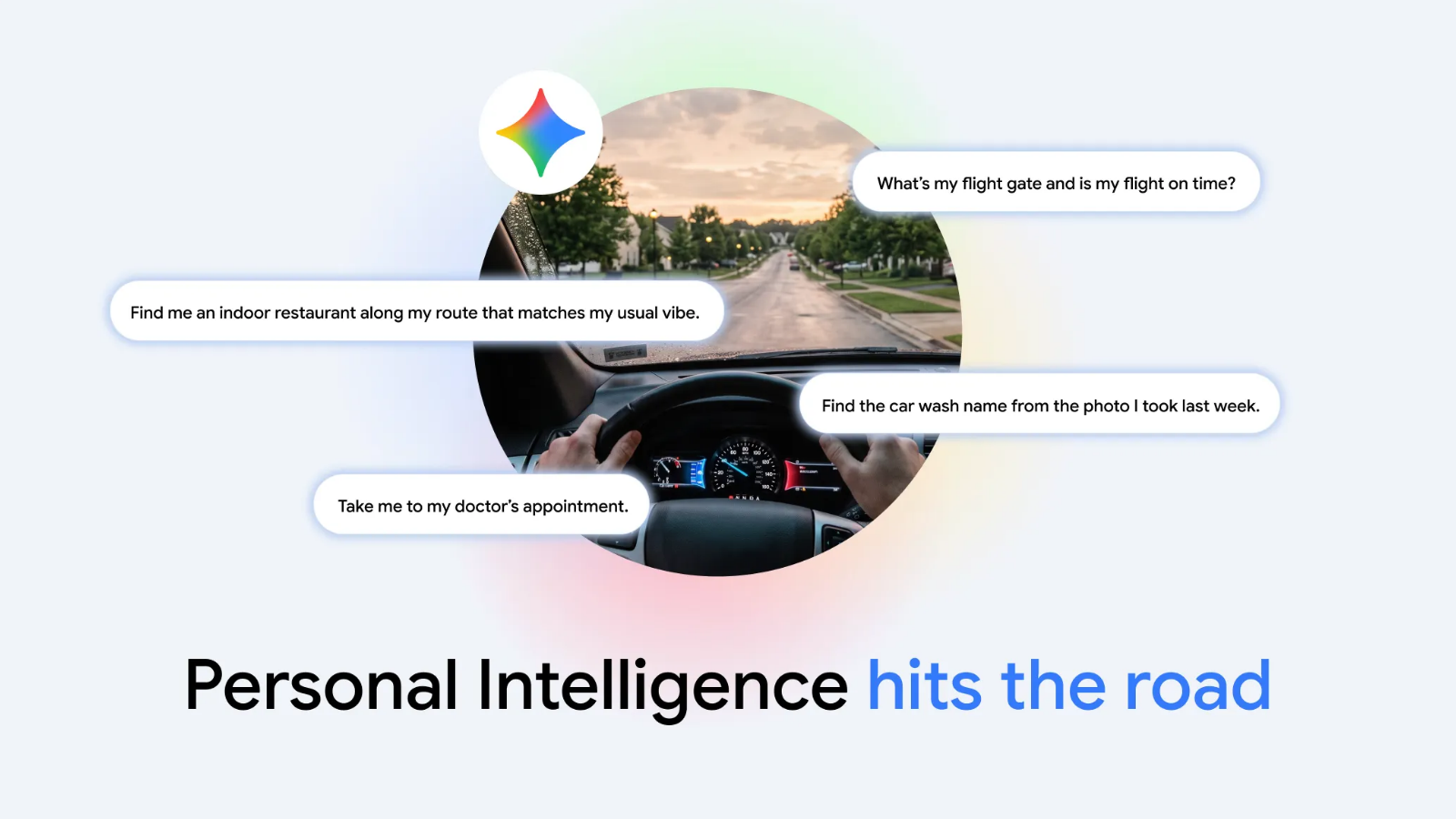 Interfaz de inteligencia personal Gemini con burbujas de texto sobre una escena de conducción en coche.