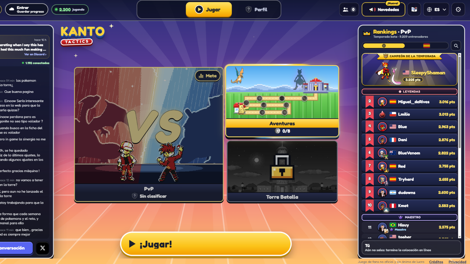 Menú principal del juego Kanto Tactics con opciones de PvP, Aventuras y tabla de clasificación de jugadores.