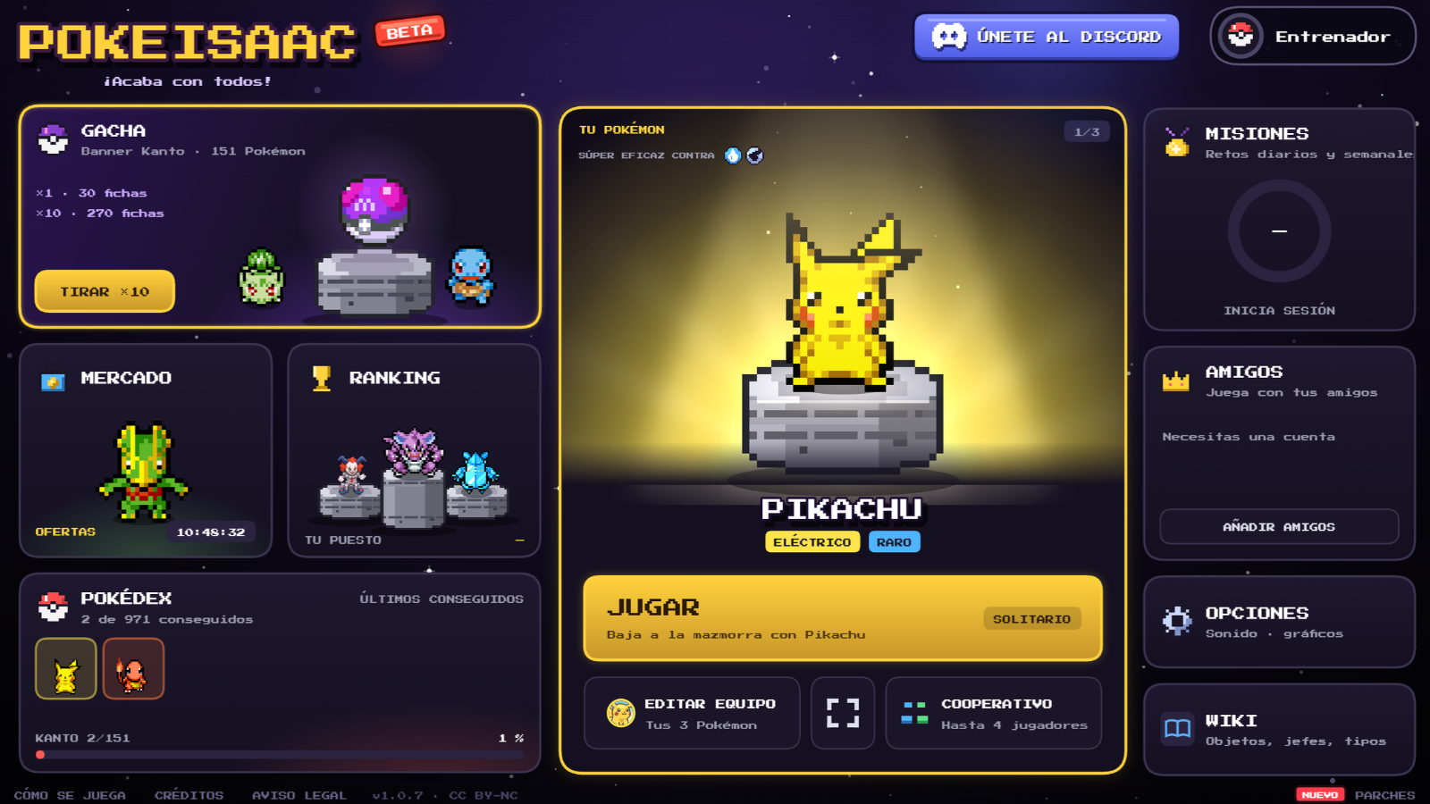 Interfaz del juego POKEISAAC en fase beta con menú de selección de personajes en estilo pixel art.