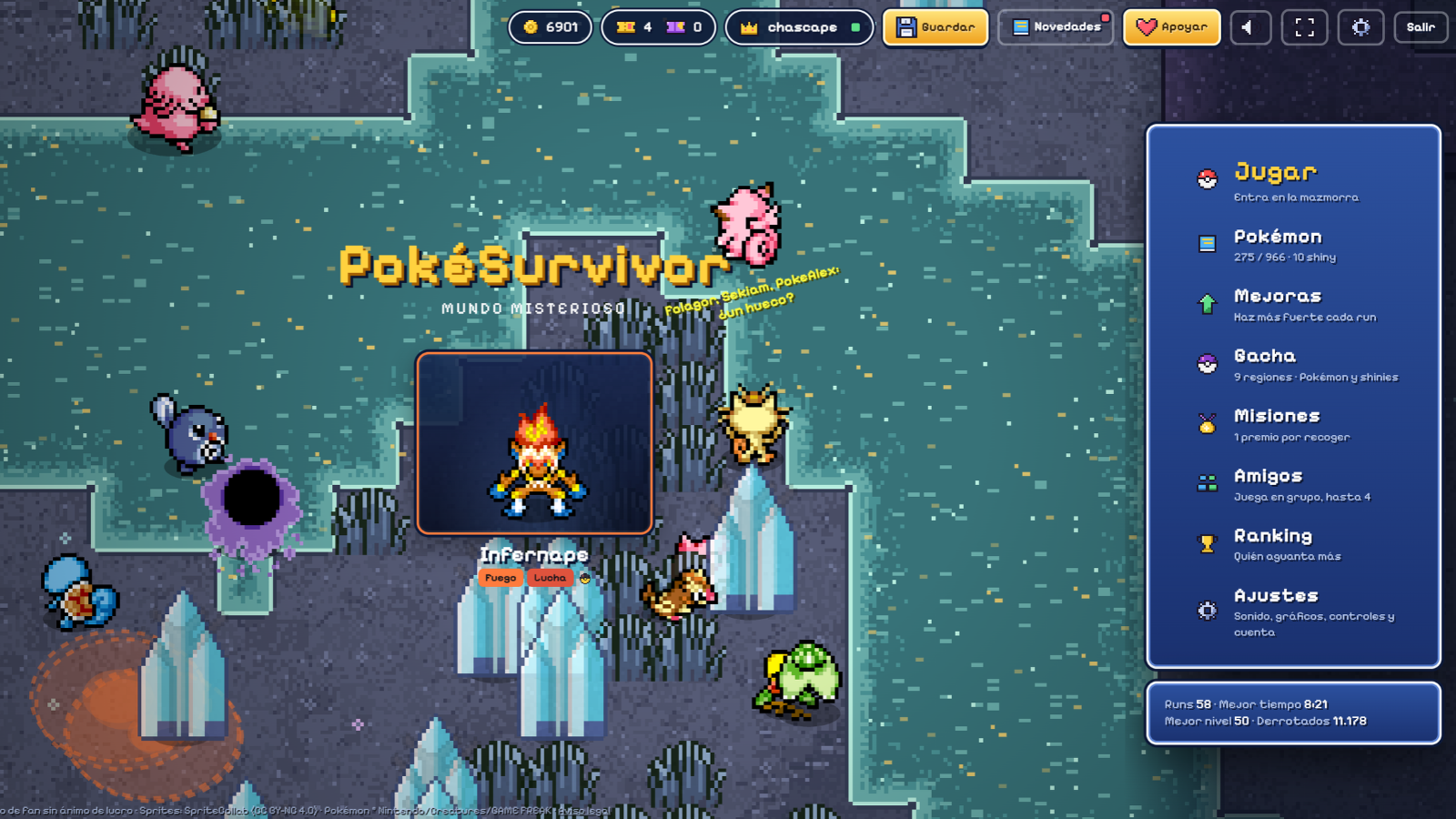 Interfaz del menú principal de PokéSurvivor con diseño de píxel art, personajes y opciones de navegación lateral.