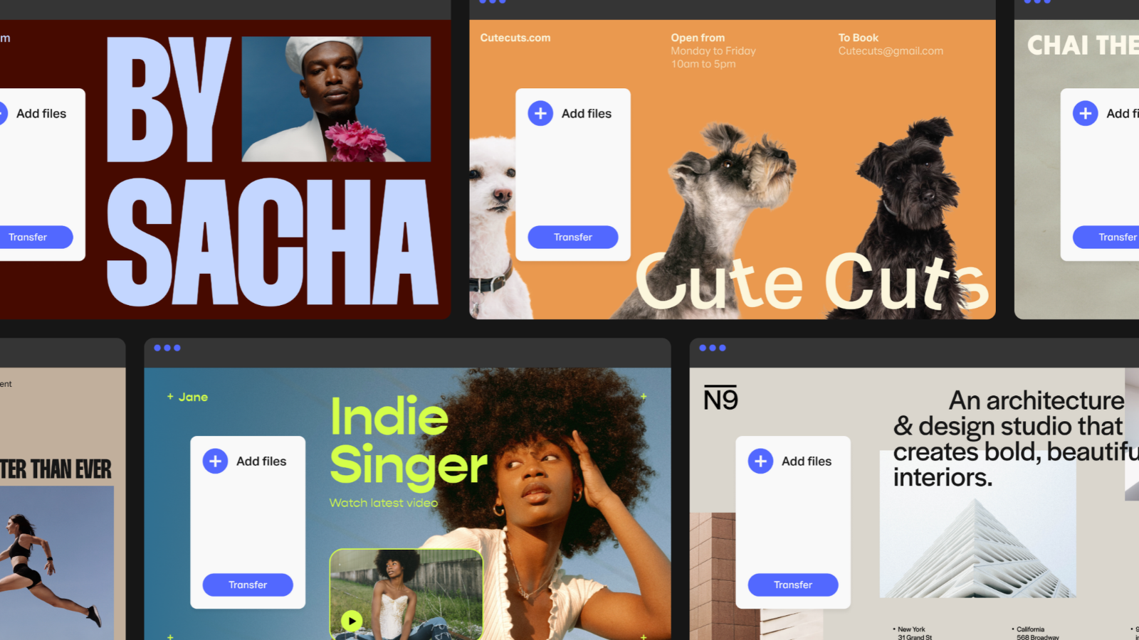 Mosaico de diferentes fondos de pantalla personalizados en la interfaz de WeTransfer con el botón de añadir archivos.