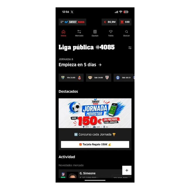 Pantalla de inicio de una liga pública en la aplicación móvil de LaLiga Fantasy Marca con información de la próxima jornada y concursos destacados.