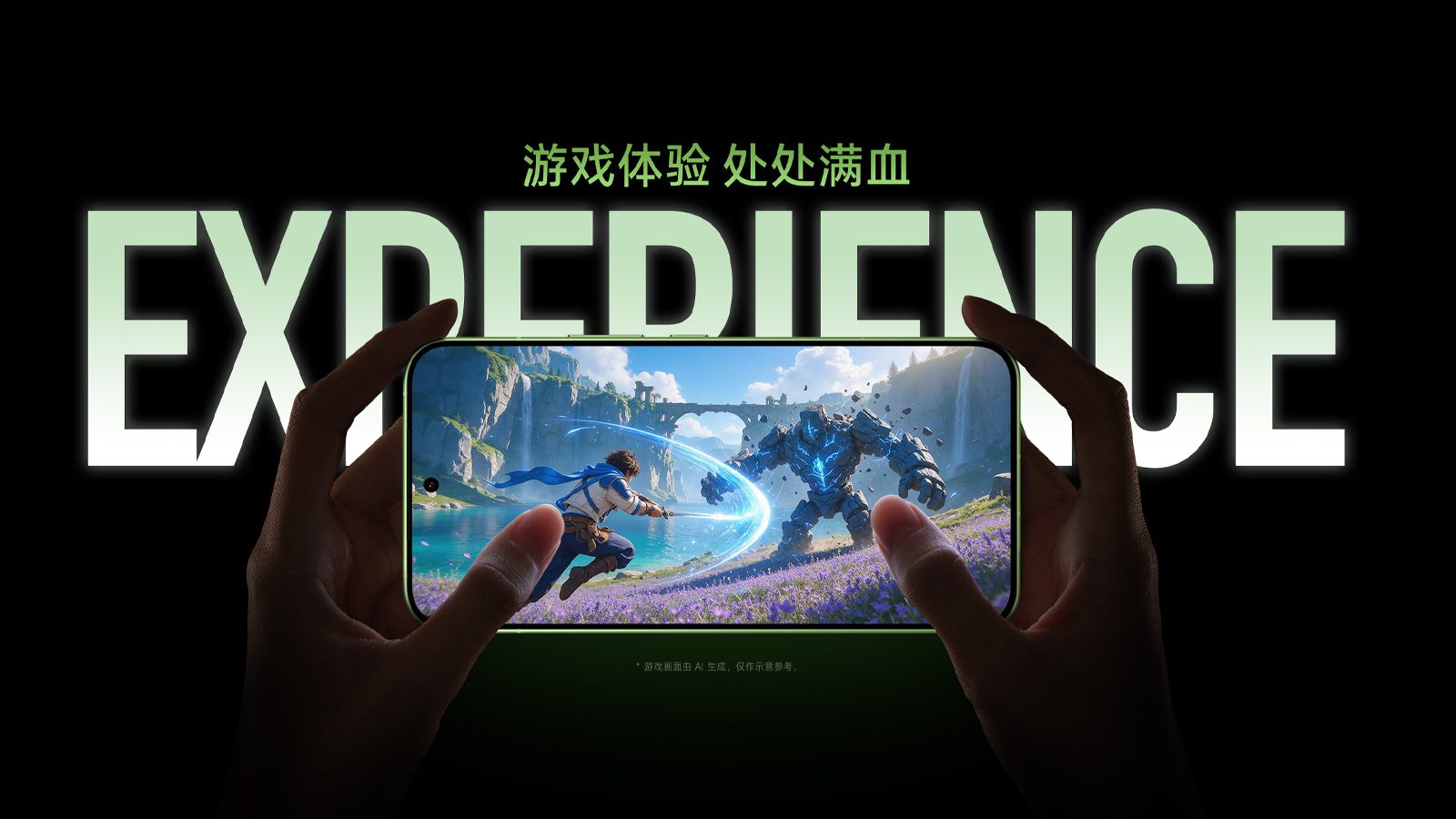 Manos sosteniendo el Redmi-K100 en posición horizontal mientras se ejecuta un videojuego de acción con gráficos avanzados en pantalla.