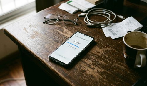 Interfaz del limpiador de almacenamiento en un smartphone sobre una mesa de madera.
