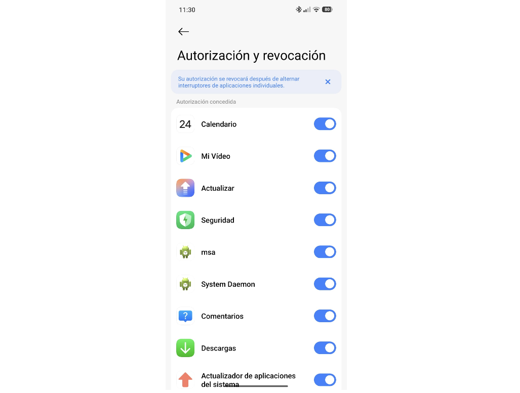 Pantalla de Autorización y revocación en un teléfono Xiaomi con el proceso msa activo entre otras aplicaciones del sistema.