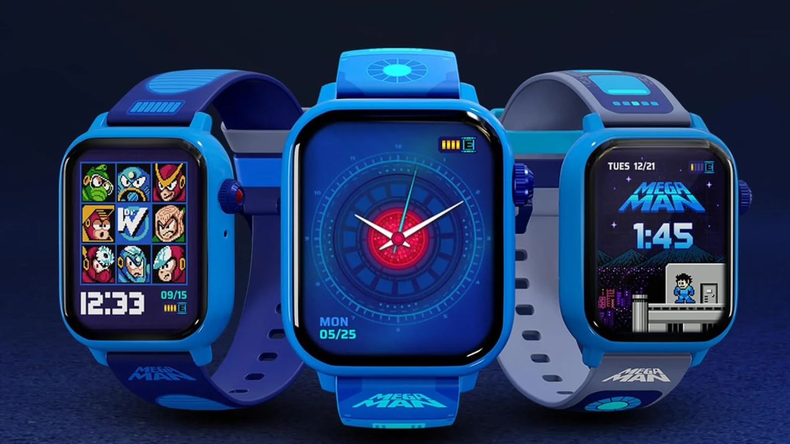 Tres relojes inteligentes My Play Watch con esferas personalizadas de Mega Man.