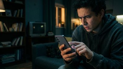 Hombre con expresión de preocupación mientras consulta su teléfono móvil en un salón oscuro.