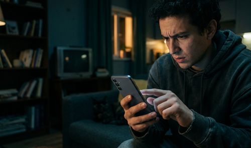 Hombre con expresión de preocupación mientras consulta su teléfono móvil en un salón oscuro.