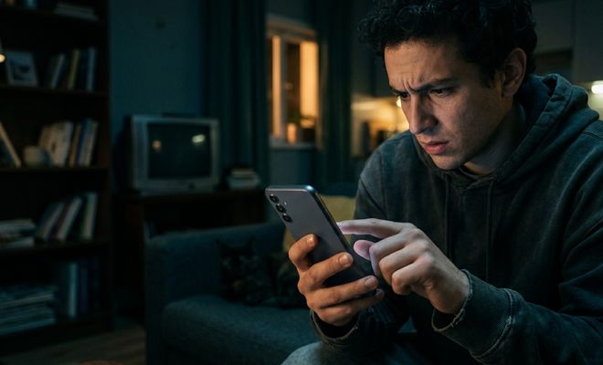 Hombre con expresión de preocupación mientras consulta su teléfono móvil en un salón oscuro.