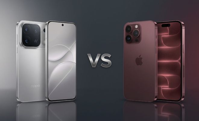 Comparativa visual entre el OPPO Find X10 Pro Max en color plata y el iPhone 18 Pro Max en tono rojizo.