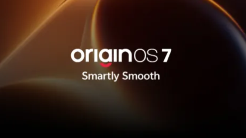 Logotipo de OriginOS 7 sobre un fondo abstracto en tonos ocres y dorados con el lema Smartly Smooth.