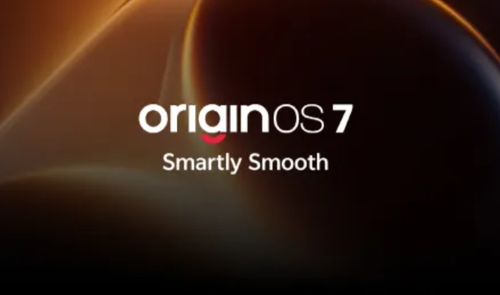 Logotipo de OriginOS 7 sobre un fondo abstracto en tonos ocres y dorados con el lema Smartly Smooth.
