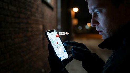 Persona consultando una aplicación de mapas en el móvil de noche con una advertencia de estafa o scam sobreimpresionada.