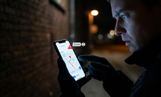 Persona consultando una aplicación de mapas en el móvil de noche con una advertencia de estafa o scam sobreimpresionada.