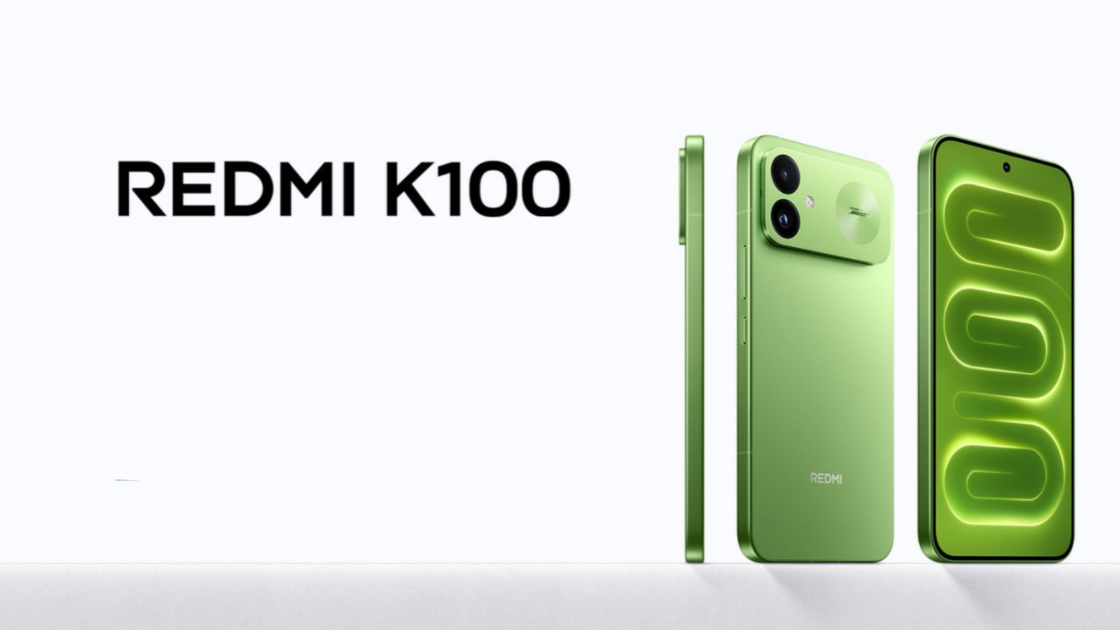 Tres vistas del REDMI K100 en color verde que muestran su perfil, parte trasera con módulo de doble cámara y frontal con pantalla encendida.
